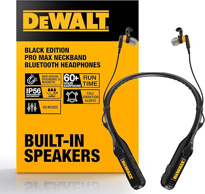 DEWALT Black Edition Pro Audio Bundle: Heavy-Duty 2-in-1 Bluetooth Neckband Headphones + Rugged EVA Travel Case