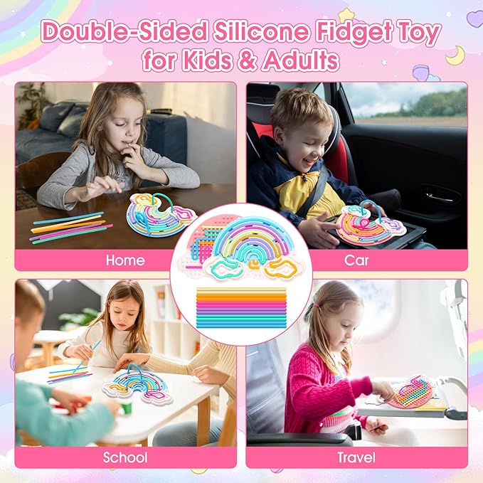 2pcs Fidget Toys Sensory Activity Board, Silicone Sensory Toys for Anxiety Autistic ADHD Calming, Kids 3+ & Adults, Travel Bag & 24 Strings, Rainbow (Pink & Blue)