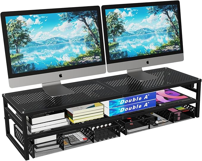 Simple Trending 2 Tier Metal Monitor Stand Riser with USB 2.0 and Charging Prot , Computer Office Desktop Organizer for 2 Monitors With Two Drawer Storage and Reusable Cable Ties,for Printer, TV, Black