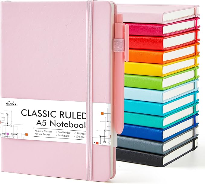 feela Notebooks Journals Bulk, Hardcover Notebook Classic Ruled Journal Set with Pen Holder for School Business Work Travel Writing, with 12 Black Pens, 120 GSM, 5.1”x8.3”, 12 Pack, A5, Solid Colors