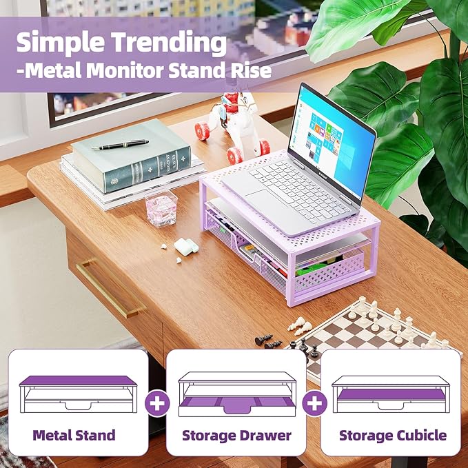 Simple Trending Metal Monitor Stand Riser and Computer Desk Organizer with Drawer for Laptop, Computer, iMac, Purple