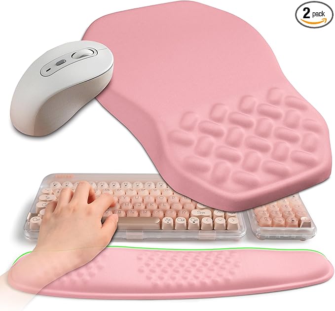 2-in-1 Ergonomic Set, Wave Keyboard Wrist Rest and Massage Slope Mouse Pad Wrist Support, Rebound Memory Foam for Relieve Carpal Tunnel Syndrome and Wrist Pain (Pink)