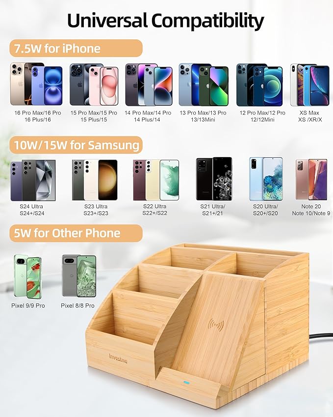 Bamboo Pen Holder with Wireless Charger, Desk Organizer with 5 Compartments for Home Office Supplies Compatible with iPhone & Samsung Series