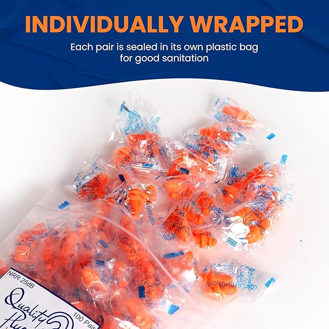 100 Pairs of Orange Reusable Ear Plugs - Individually Wrapped, Providing Ear Protection & Noise Reduction up to 25dB NRR - Bulk Silicone Ear Buds for Motorcycle, Gun Range, Shooting, Sleeping, Work