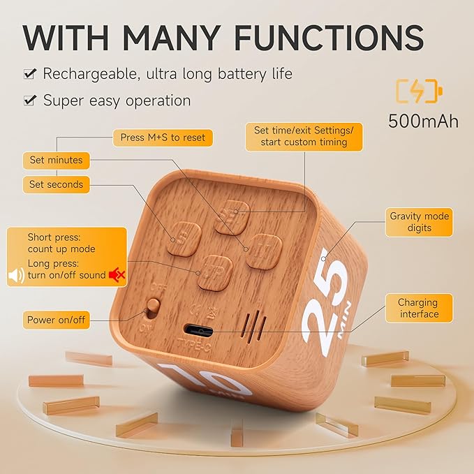 Rotating Productivity Timer 5, 25, 10, 50 Minutes Preset, Desk Cube w/Gravity Sensor for ADHD, Mute Functions, Ideal for Work, Study, Kitchen, Back to School (1, Wood Grain Finish)