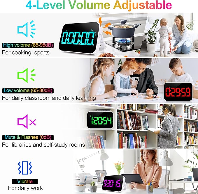 Digital Kitchen Timer, 10 RGB Color Rechargeable Magnetic Timer for Cooking with Countdown/Up, 5”LED Large Display with Sound Alert Function, Kids Timers for Classroom Gym Work Study Fitness Game