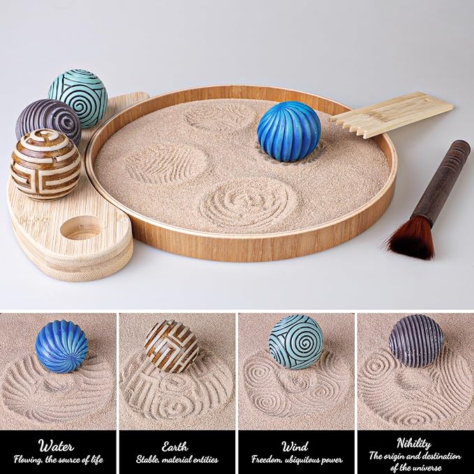 Melonva Mini Zen Garden for Desk - 9.5''x9.5'' Automatic Desk Sand Tray Therapy Kit with 4 Stamp Spheres