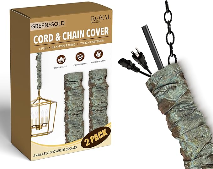 Royal Designs, Inc. Cord & Chain Cover 4 ft Silk Type Fabric, Chandelier Pendant Lighting Chain & Cable Management, Touch Fastener, Green Gold - 1 Pack
