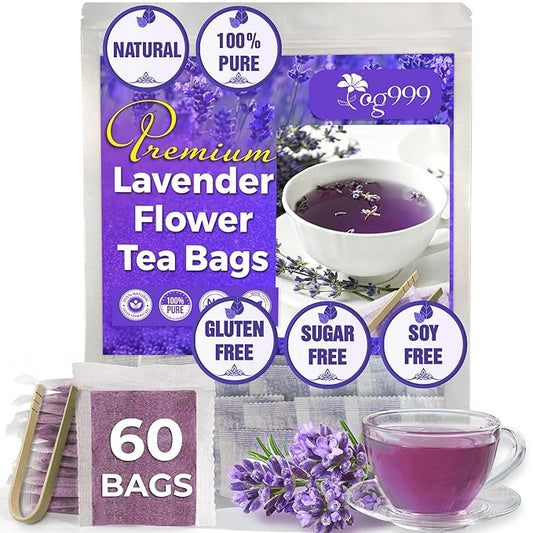 TOG999, Premium 60 Lavender Flower Tea Bags, 100% Natural & Pure from Lavender Flowers. Loose Flower Lavender Herbal Tea. Lavender Flower Tea. No Sugar, No Caffeine, No Gluten, Vegan.