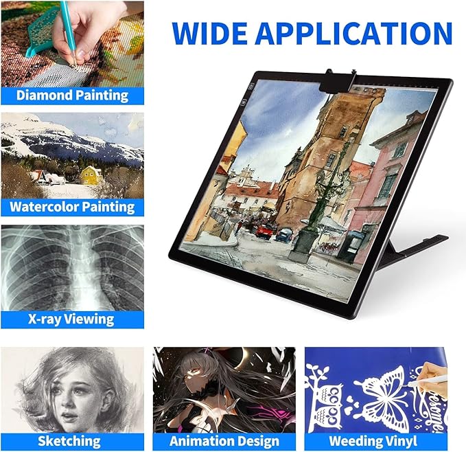 Rechargeable A3 LED Light Pad with Carry Bag, Adjustable Brightness Light Box with 3 Colors, Built-in Stand, 2500mAh Battery, Magnetic Clip, Light Board for Tracing Diamond Painting Sketching