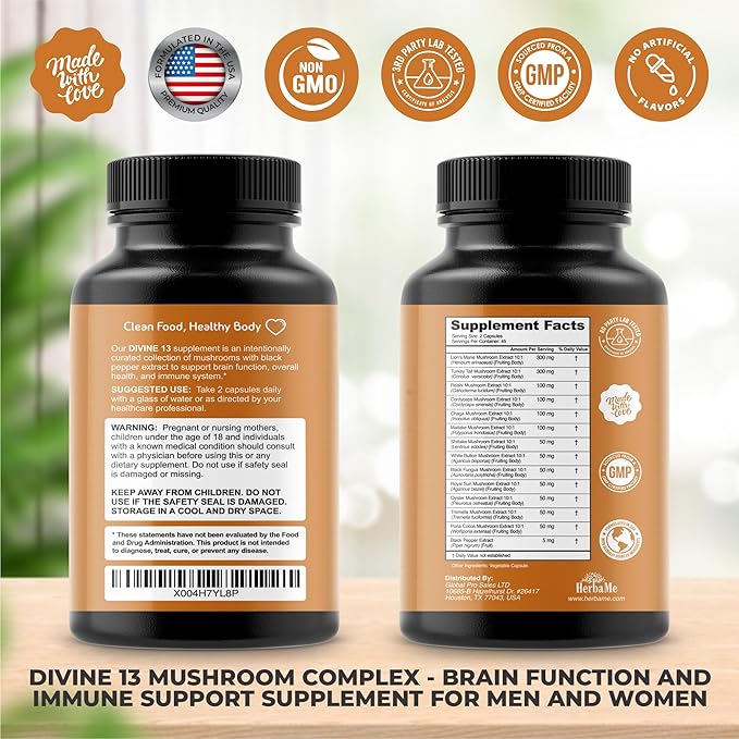 Mushroom Extract Complex with Black Pepper, Lion's Mane, Cordyceps, Turkey Tail, Chaga, Shiitake, Maitake, Nootropic Brain Supplements for Memory and Focus, Immune System Support, 90 Capsules