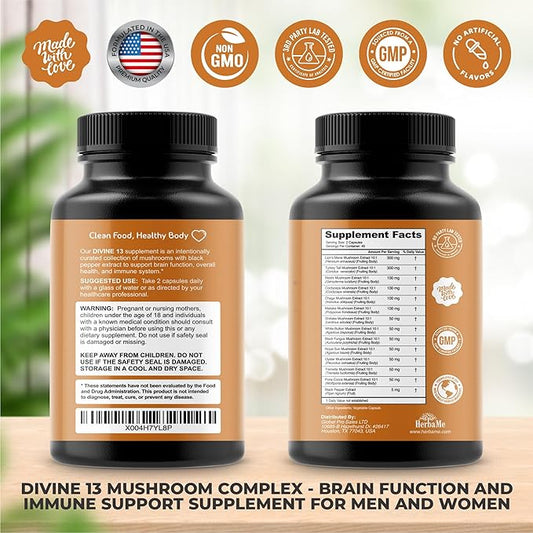 Mushroom Extract Complex with Black Pepper, Lion's Mane, Cordyceps, Turkey Tail, Chaga, Shiitake, Maitake, Nootropic Brain Supplements for Memory and Focus, Immune System Support, 90 Capsules