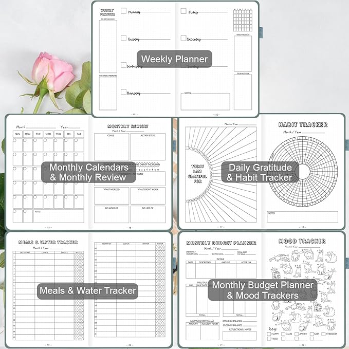 Premade Bullet Style Notebook with Undated Weekly & Monthly Planner, Dotted Journal with Pre-made Bullet Planner Stencils, Dot Grid Journaling with Habits & Mood Tracker, 12 Month Organization, A5