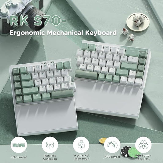 RK ROYAL KLUDGE RKS70 Ergonomic Split Mechanical Keyboard, Wireless Bluetooth/2.4G/Wired Keyboard with Wrist Rest, 75% RGB PC Gaming Keyboards for Win/Mac, Hot Swappable Silver Grey Switches, White