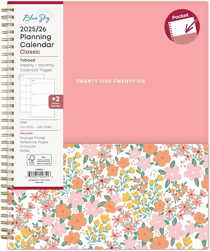Blue Sky 2025-2026 Academic Year Weekly and Monthly Planner Calendar, July 2025 - June 2026, 12-Month, 8.5" x 11", Flexible Cover With Pocket, Wirebound, Storage Pocket, Catira