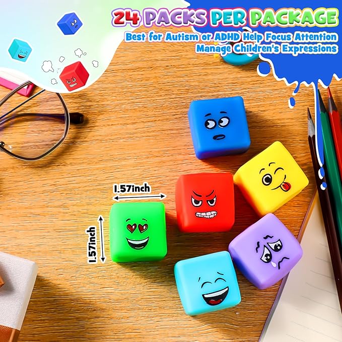 Meooeck 24 Pcs Fidget Toy Stress Cube Slow Rising Square Cube Squeeze Fidget Toys Stress Balls for Adults with Emoticons Face for Party Office Christmas Stocking Stuffer Gift ADHD Autism Anxiety