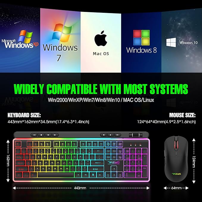 Wireless Keyboard and Mouse Combo, Gaming Keyboard Rechargeable Cool RGB Backlight, 7KEYS Full-Size Keyboard with Ergonomic, Light up Gaming Mouse 3200 DPI for PC Desk/Laptop/MAC