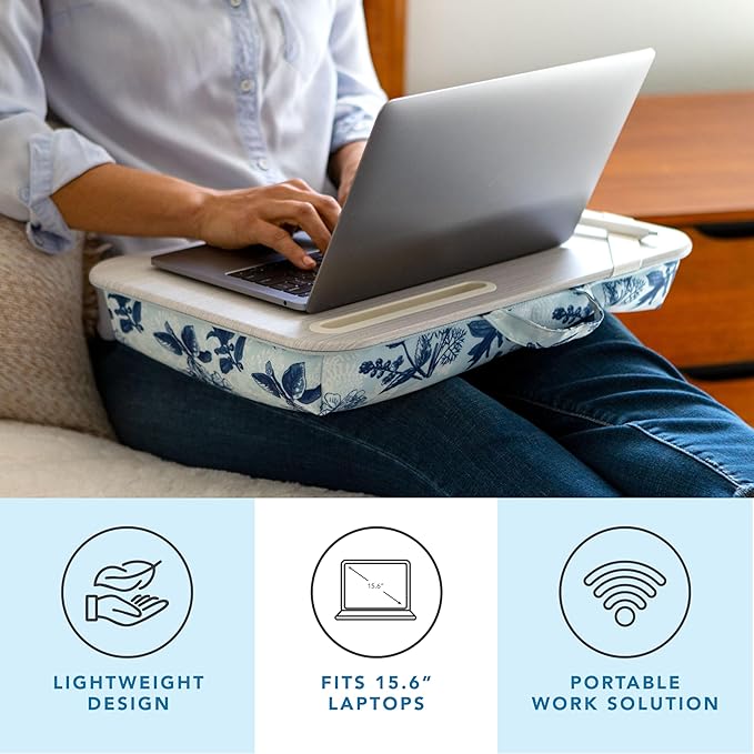 LAPGEAR Designer Lap Desk with Phone Holder and Device Ledge - Blue Blossoms - Fits up to 15.6 Inch Laptops - Style No. 45433