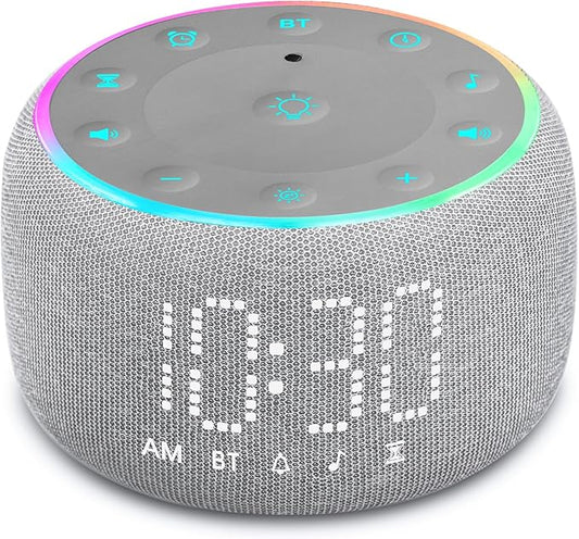 White Noise Machine Alarm Clock: Auto-Dimmable Clock for Bedrooms - 5W Stereo Bluetooth Speaker - Sound Machine with 24 Sleep Sounds for Adults Kids