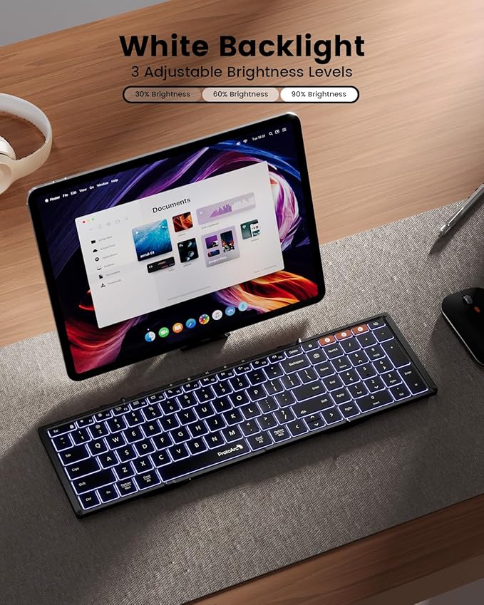 ProtoArc Backlit Foldable Keyboard, XK01 Plus Folding Portable Bluetooth Keyboard for Travel, True Full Size External Wireless Keyboards with Backlight for iPad Tablet Smartphone Laptop - Black