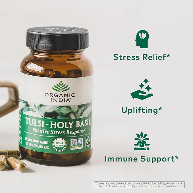 ORGANIC INDIA Tulsi Holy Basil Capsules - Holy Basil Extract - Holy Basil Leaf Supplement, Herbal Supplement, Immune Support, Stress Relief, Vegan, Gluten-Free, Kosher, Organic, Non-GMO - 60 Capsules