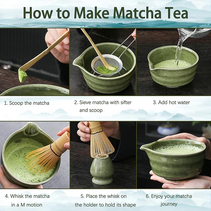 Matcha Set, Matcha Bowl with Spout, Matcha Whisk and Holder, Bamboo matcha Scoop and Stainless Sifter - 5 Pcs Jade Green Matcha Set Kit for Matcha Lover