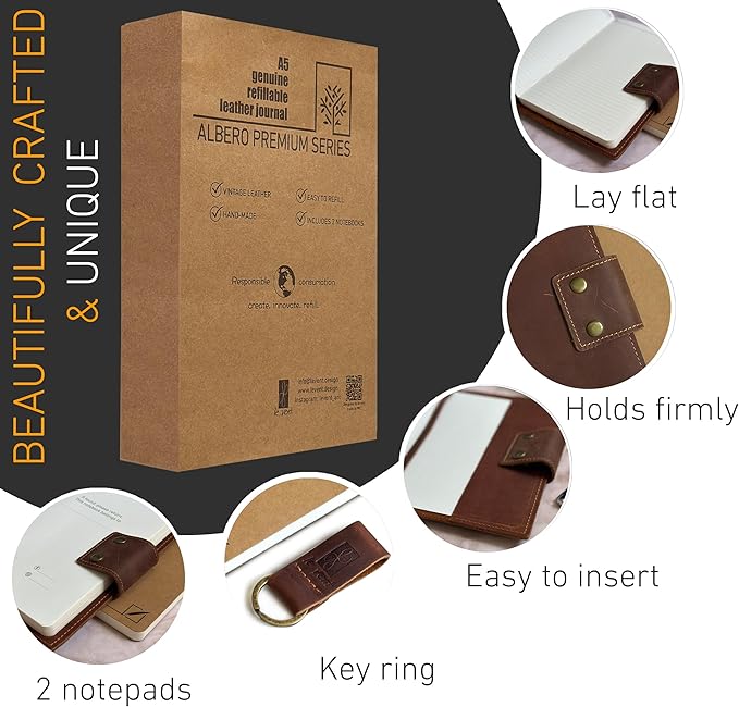 Vintage Logbook Inspired Refillable Leather Journal – A5 8x5 Notebook for Men and Women, 2 Premium Inserts (Lined & Blank), 400 Pages of 100gsm Ink-Proof Paper - Reusable Cover Writing Journal
