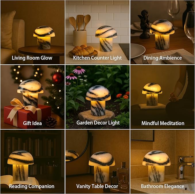 Handcrafted Natural Stone Mushroom Lamp - Rechargeable Bedside LED Night Light with Type-C Port, Unique Marble Table Lamp for Modern Interiors