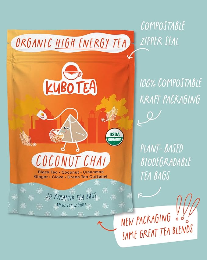 Kubo Tea, Coconut Chai Black Tea, Organic High Caffeine Blend, 20 Servings (155mg Caffeine each), Pyramid Tea Bags, Compostable & Biodegradable Packaging, Brew Hot or Iced, Healthy Coffee Substitute