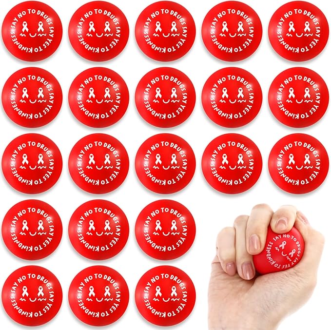 Poen 60 Pcs Red Ribbon Week Supplies Bulk Say No to Drugs Red Awareness Squeeze Balls Drug Free Awareness Anti Drug Events Gifts Motivational Relief Stress Balls for Charity Activity (Cute Style)