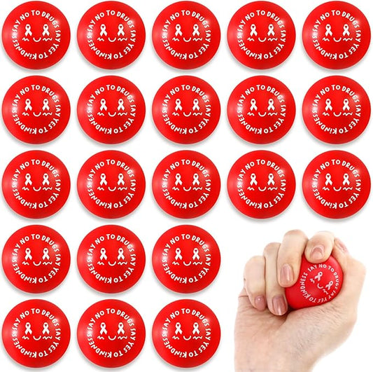 Poen 60 Pcs Red Ribbon Week Supplies Bulk Say No to Drugs Red Awareness Squeeze Balls Drug Free Awareness Anti Drug Events Gifts Motivational Relief Stress Balls for Charity Activity (Cute Style)