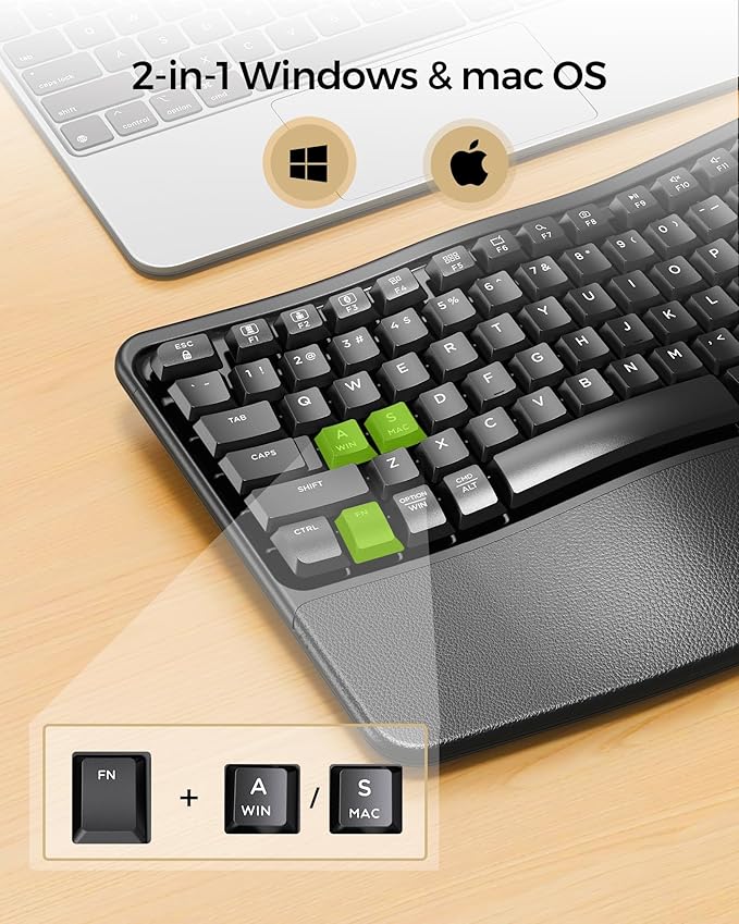 seenda Wireless Ergonomic Keyboard and Mouse, COE310 USB+Type-C+Bluetooth Multi-Device Rechargeable, Wave Keyborad, Quiet Light Mouse Compatible for Windows/macOS/PC/Laptop/MacBook/iPad - Black