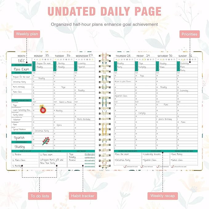 Ospelelf Undated Spiral Bound Planner 2025 Daily, Weekly and Monthly Planner, Pink Teacher Planner 12 Month 8.5 x 11