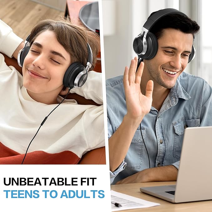 Over Ear Headphones Wired with Microphone - Noise Isolating Corded Headphones with Protein Leather Ear Cushions for Teens Adults,Fordable Head phones with Golded 3.5 mm Jack for Laptop (Black)