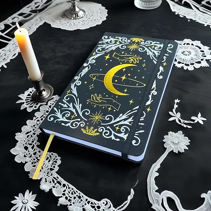 BUKE A5 Dotted Journal – 160gsm Ultra Bamboo Paper, Moon & Star Foil Cover, Flat Lay Notebook with Gift Box – 160 Pages, 5mm Dot Grid, Faux Leather Hardcover (Black)