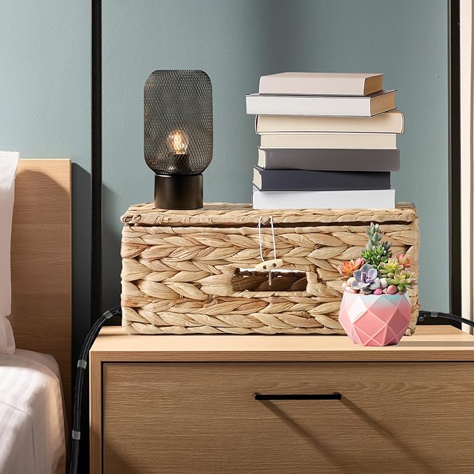 2 Pack Cable Management Box with Lid, Handwoven Water Hyacinth Cord Organizer, 4 Side Open Slots Cable Hider for Power Strips, Cords & Wires, Desk/Floor/Office Storage Box to Hide Electronics Clutter