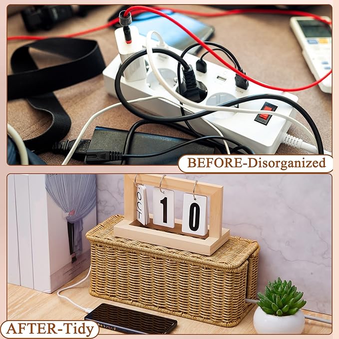 Marsui Cable Management Box Synthetic Rattan Cord Organizer Box Cable Hider Box Storage Wire Box with 2 Open Slots for Home Office Desk Computer TV Wires USB Hub (Medium, 1)