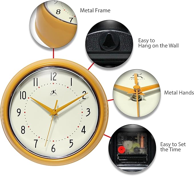Infinity Instruments Retro 9 inch Silent Sweep Non-Ticking Mid Century Modern Kitchen Diner Wall Clock Quartz Movement Retro Wall Clock Decorative (Saffron Yellow)