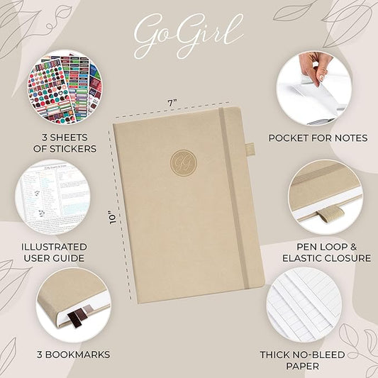 GoGirl Planner PRO Schedule - Undated Planner with Hourly Time Slots, Monthly, Weekly & Daily Organizer, Appointment Book for time Management, 7"x10" Hardcover, Lasts 1 Year - Seashell