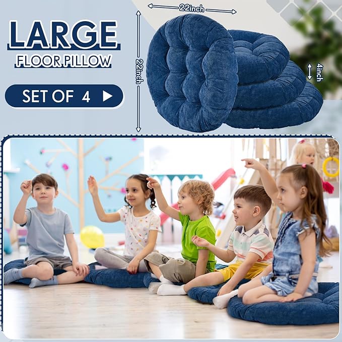 Jerify 4 Pcs Floor Pillow Cushions 22 x 22 Inch Round Square Large Meditation Floor Pillow for Classroom Adult Meditation Picnic Party Cushion for Seating Gift Christmas(Navy Blue,Round)