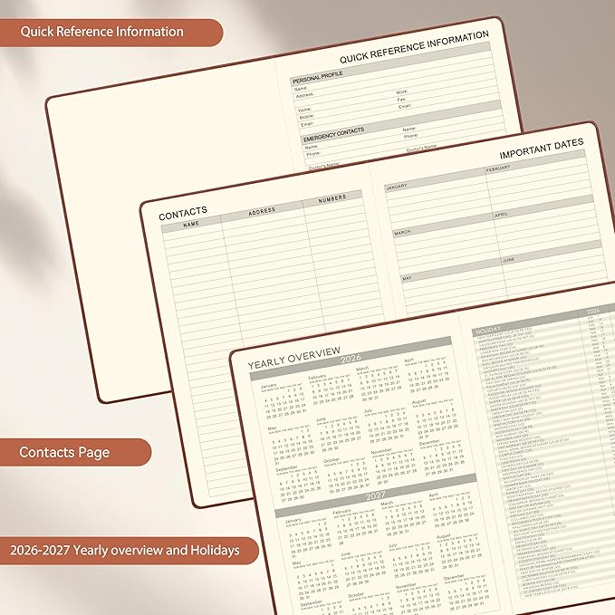 2026 Planner - 2026 Planner Weekly and Monthly, Jan.2026 - Dec.2026, 9" x 11", Weekly Monthly Planner 2026, Calendar Planner with Pen Holder + Elastic Closure + Leather Hardcover +Bookmarks - Brown