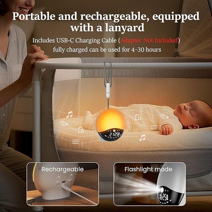 Wake Up Light Sunrise Alarm Clock for Bedrooms, Rechargeable Sound Machine Night Light, 28 Sleep Sounds, 12 Colors, Dual Alarms, White Noise Sound Machine for Baby and Adults