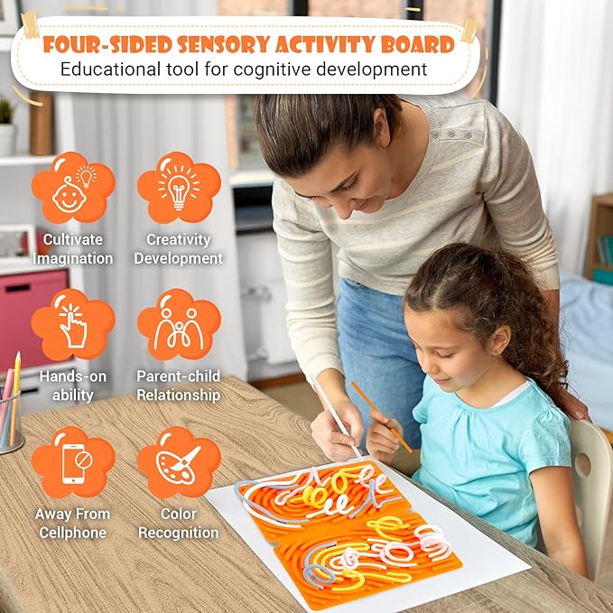 Sensory Activity Board, Four-Sided Silicone Sensory Fidget Toy, Promotes Parent-Child, Suitable for Autism, Calming, ADHD, Great for Children 3+ & Adults, Includes Portable Travel Bag and 25 (Orange)