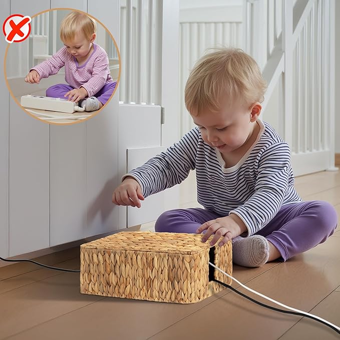 StorageWorks Cable Management Box, 2 Slots Wicker Cable Organizer to Hide Cords and Power Strip, Water Hyacinth Cord Hider Box for Home & Office