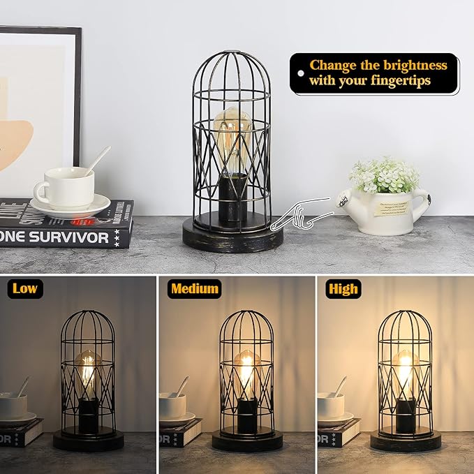Industrial Table Lamp, Small Touch Lamp with Rustic Cage Vintage Bedside Lamp 3 Way Dimmable Nightstand Lamp Edison Desk Lamp for Bedroom, Living Room, Hallway, Entryway, Kitchen, 4W LED Bulb Included