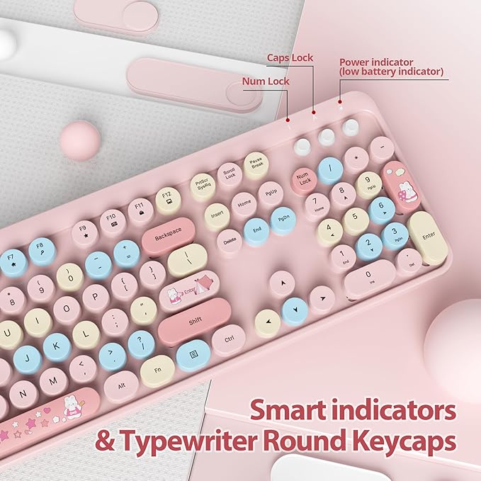 Fogruaden Pink Wireless Retro Typewriter Keyboard, 2.4GHz Full Size Cute Keyboard with Number Pad, Pink Colorful with Retro Round Keycaps for Windows PC Laptop