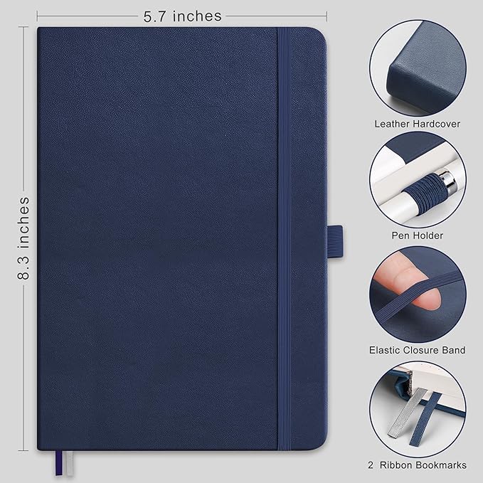 RETTACY Bullet Dotted Journal Notebook, 320 Numbered Pages, A5 Medium Size (5.7'' × 8.3''), Leather Hardcover, 100 GSM Thick Paper, for Bullet Journaling, Planning, Tracking (Navy Blue)
