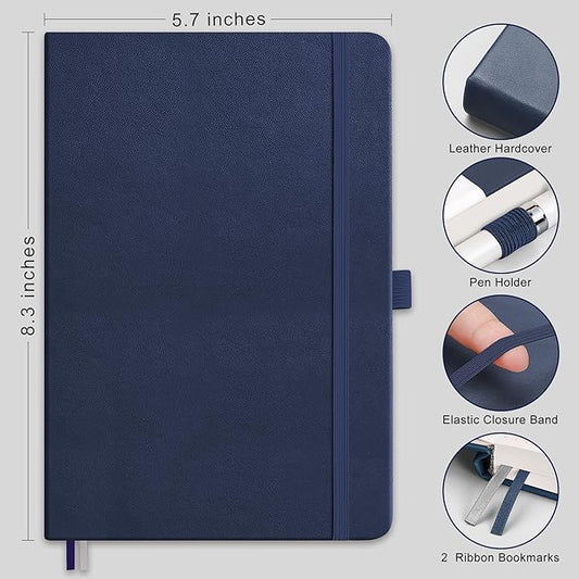 RETTACY Bullet Dotted Journal Notebook, 320 Numbered Pages, A5 Medium Size (5.7'' × 8.3''), Leather Hardcover, 100 GSM Thick Paper, for Bullet Journaling, Planning, Tracking (Navy Blue)