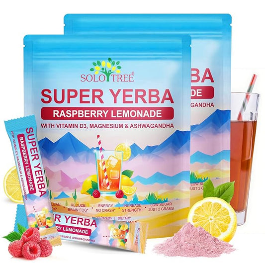 Super Yerba Mate, Yerba Mate Instant Tea Powder ，Low Sugar Content， Clean Energy & Focus Boost，Digestive Support with Antioxidants， Raspberry Lemonade Flavor (60 packs)
