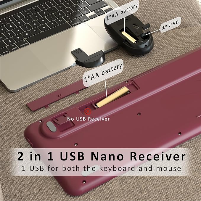 Wireless Computer Keyboards Mouse Combos, COVEVA Colorful Typewriter Retro Keyboard with Round Keycaps, USB Keyboard and Mouse Set 2.4GHz Full-Size Wireless Keyboard and Optical Mouse（Black-Claret）